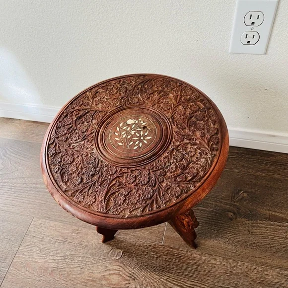 Vintage Indian Hand Carved Wooden Folding Side Table 13 Inch Tall - Picture 8 of 12